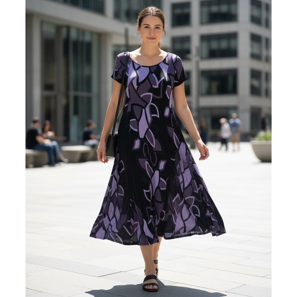Lennie for Nina Leonard Purple & Black Maxi Dress Short Sleeve Sz L Long Stretch